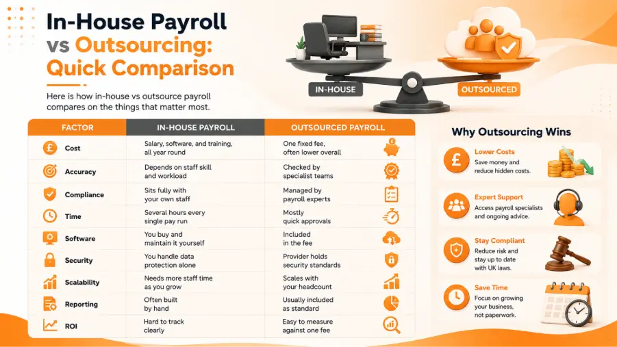 In-House Payroll vs Outsourcing Costs: Complete UK Cost, ROI & Compliance Comparison In-House Payroll vs Outsourcing Costs: Complete UK Cost, ROI & Compliance Comparison